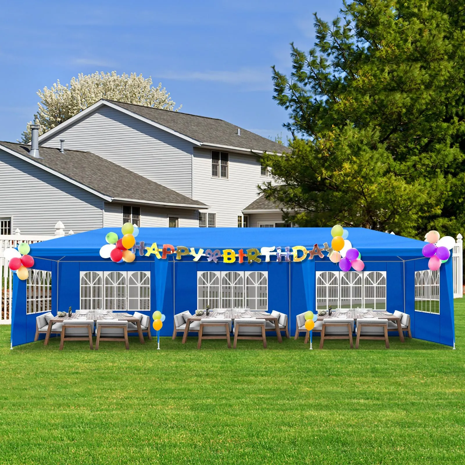 10x30FT Blue Party Tent Outdoor Canopy Tent Heavy Duty Wedding Tent Waterproof Patio Gazebo Tents for Parties with 8 Removable Sidewalls Perfect for Holiday Birthday Graduation BBQ