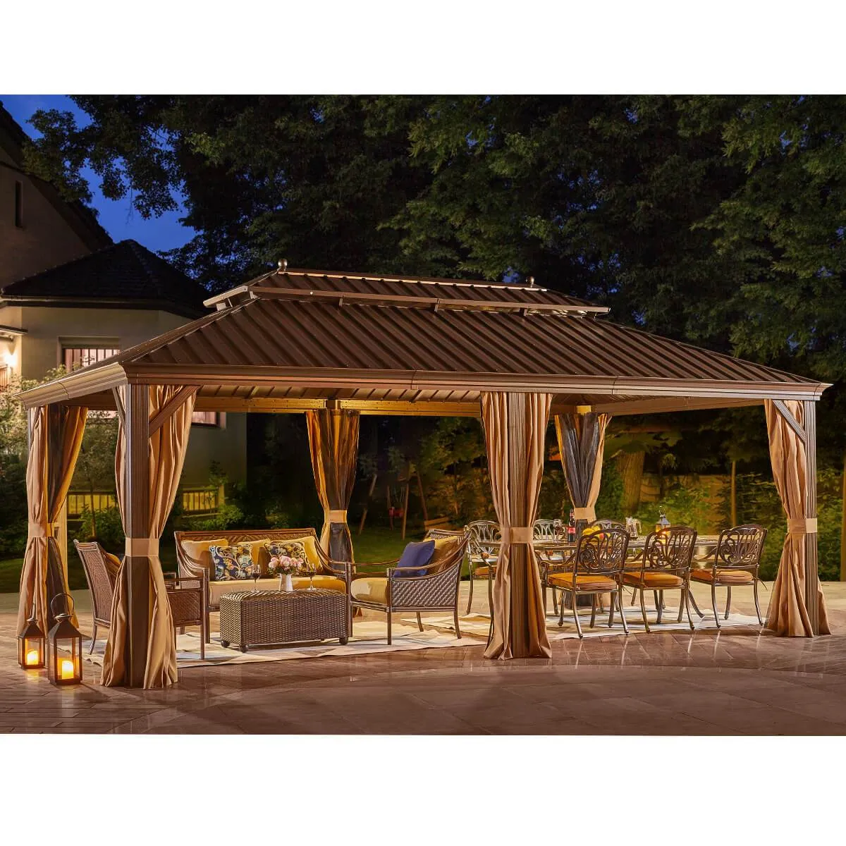 12'x20' Galvanized Steel Hardtop Gazebo Double-Roof Pergola w/ Netting Curtain