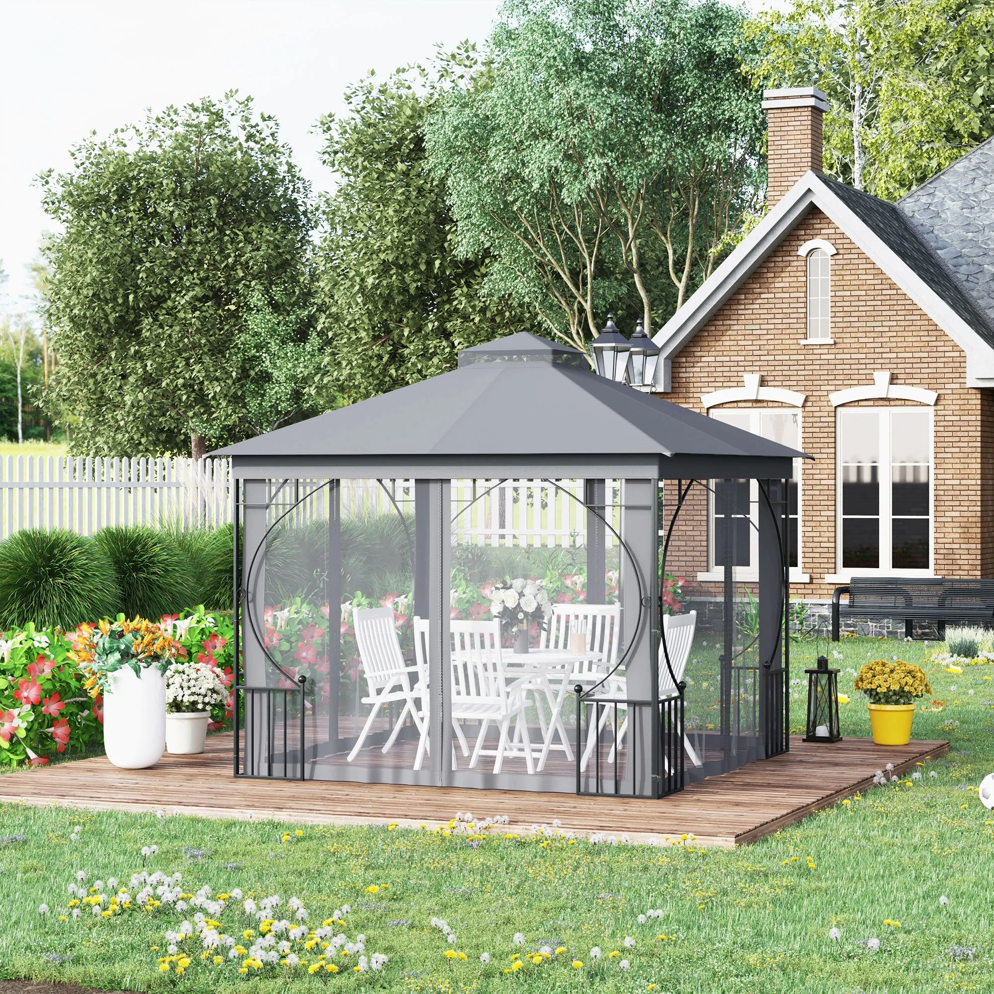 3 x 3 M Garden Gazebo Patio Party Tent Shelter Outdoor Canopy Double Tier Sun Shade Metal Frame Light Grey