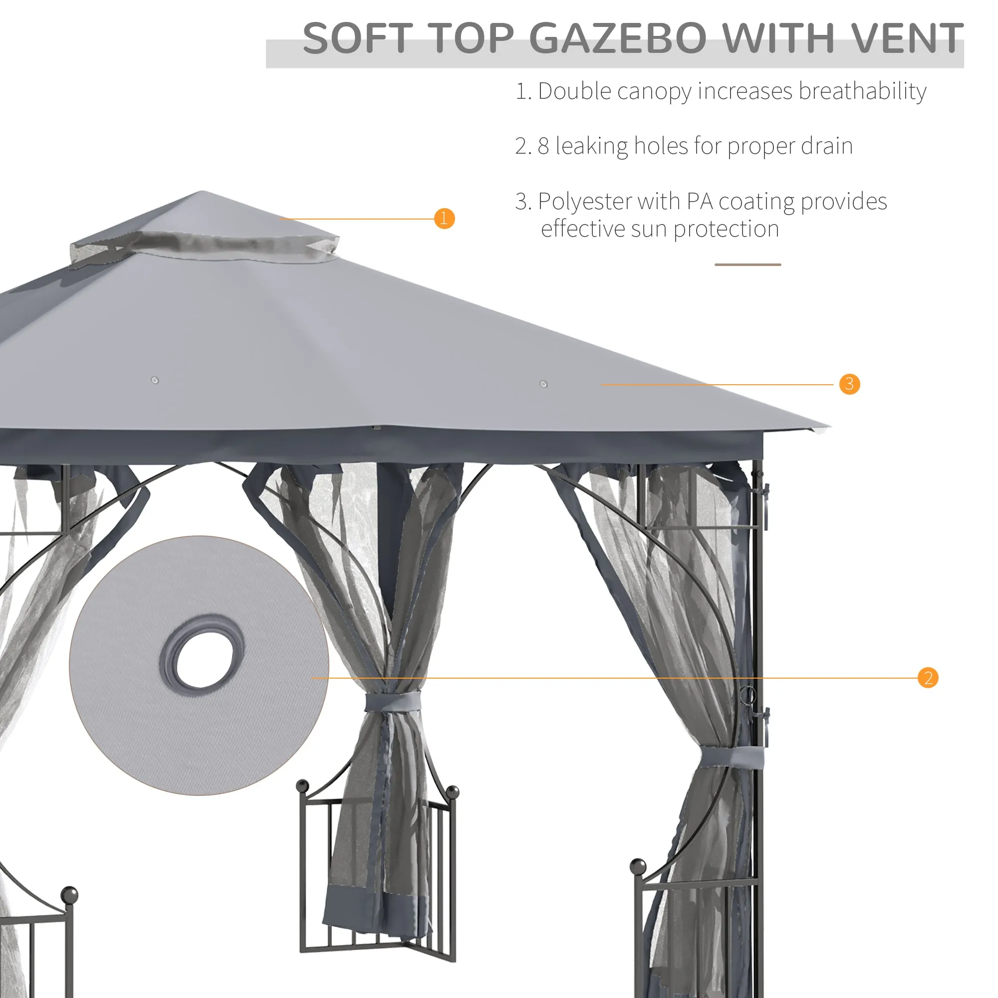 3 x 3 M Garden Gazebo Patio Party Tent Shelter Outdoor Canopy Double Tier Sun Shade Metal Frame Light Grey