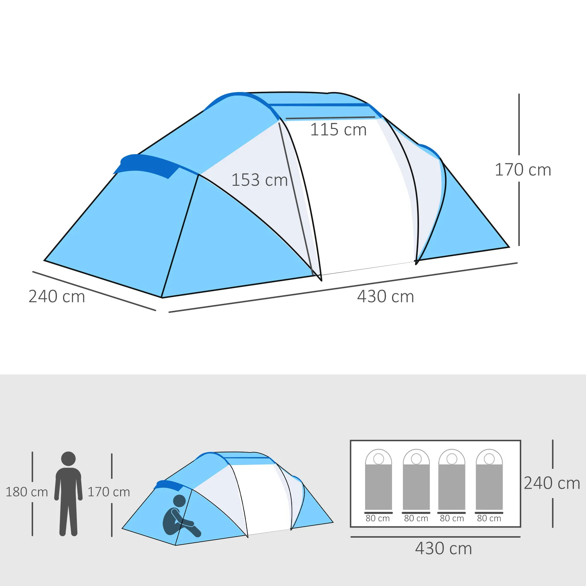 4-6 Man Camping Tent w/ Two Bedroom, Hiking Sun Shelter, UV Protection Tunnel Tent, Blue and White