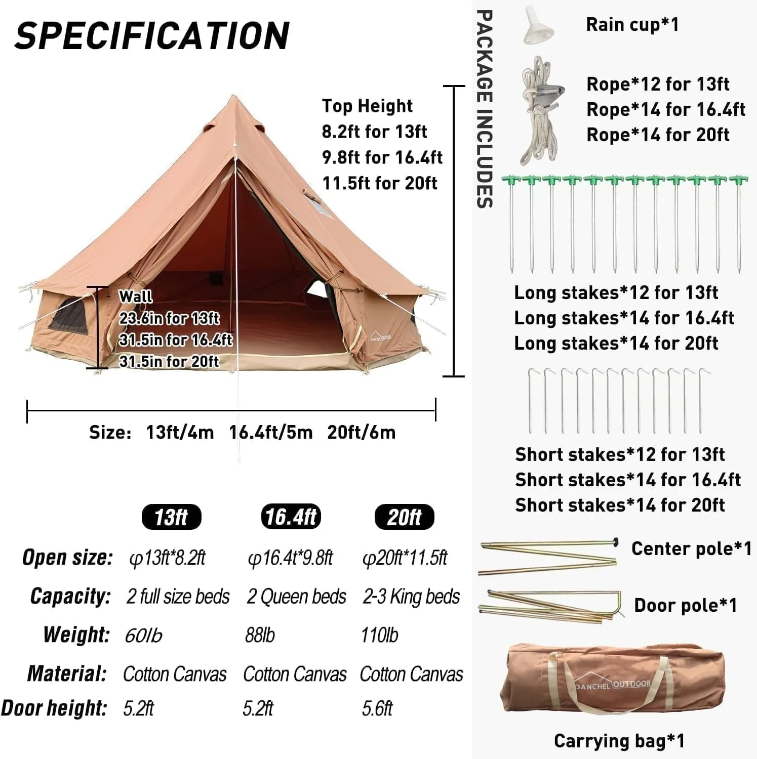 B5 PRO Canvas Tent for Camping W/Stove Jack, 4 Season Glamping Yurt Tents Bell Tent for 4/6/8 Person Family, 13/16.4/20Ft