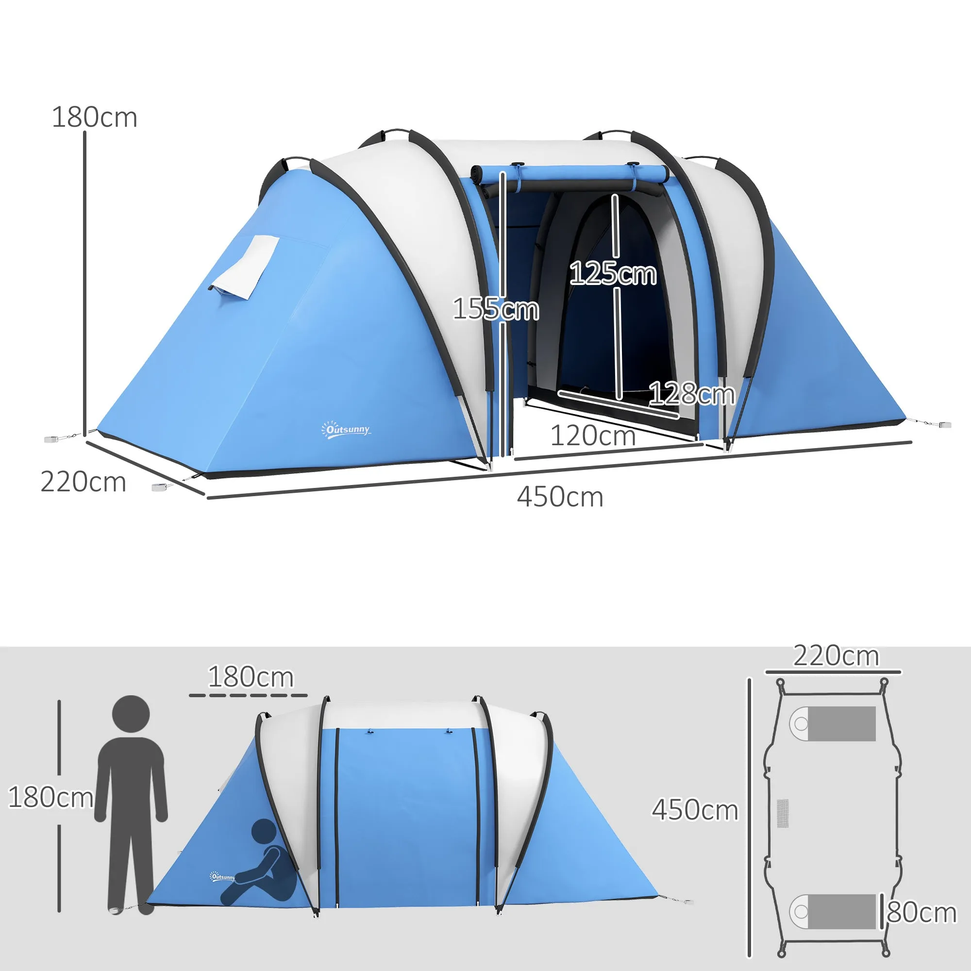 Camping Tent with 2 Bedrooms and Living Area, 3000mm Waterproof Family Tent, for Fishing Hiking Festival, Blue