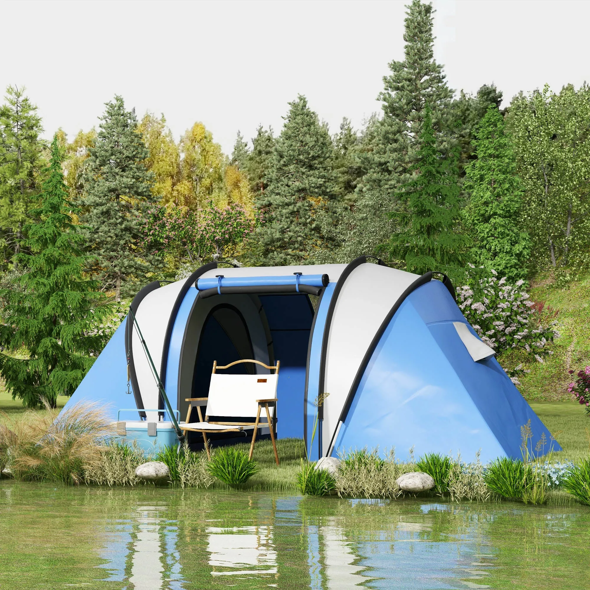 Camping Tent with 2 Bedrooms and Living Area, 3000mm Waterproof Family Tent, for Fishing Hiking Festival, Blue