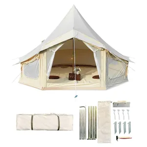 classic 13.1FT Canvas Bell Tent for 4-6 People Family Camping in All Seasons, with 2 Stove Jack & 4 Mesh Zippers Windows, Breathable Waterproof(4m)