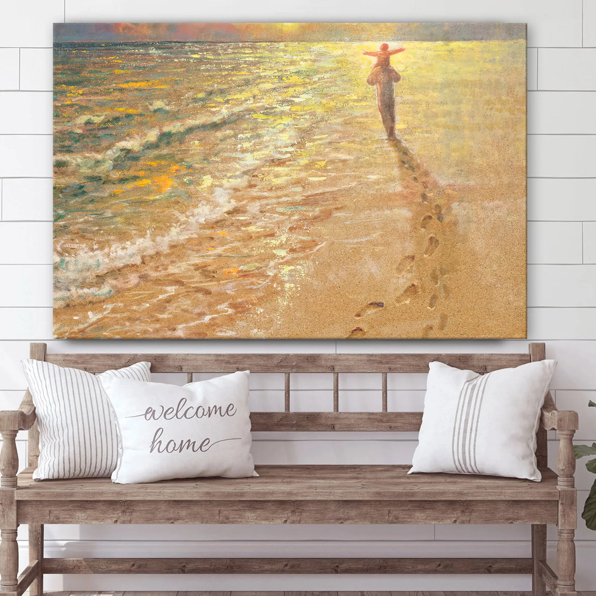 Footprints In The Sand Canvas Wall Art - Jesus & A Child Walk On The Beach Poster - Jesus Christ Canvas - Gift For Christian - Ciaocustom