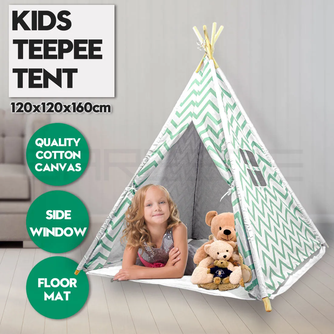 Giant Cotton Canvas Kids Teepee Wigwam Children Pretend Play Tent Indoor Outdoor Party - green