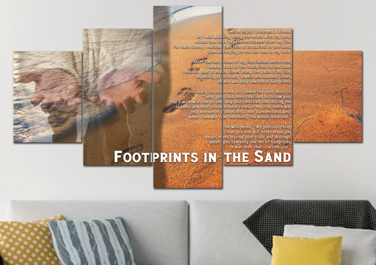 Jesus's Hands Footprints In The Sand Wall Art & Decor - Christian Canvas Wall Art