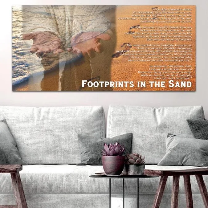 Jesus's Hands Footprints In The Sand Wall Art & Decor - Christian Canvas Wall Art