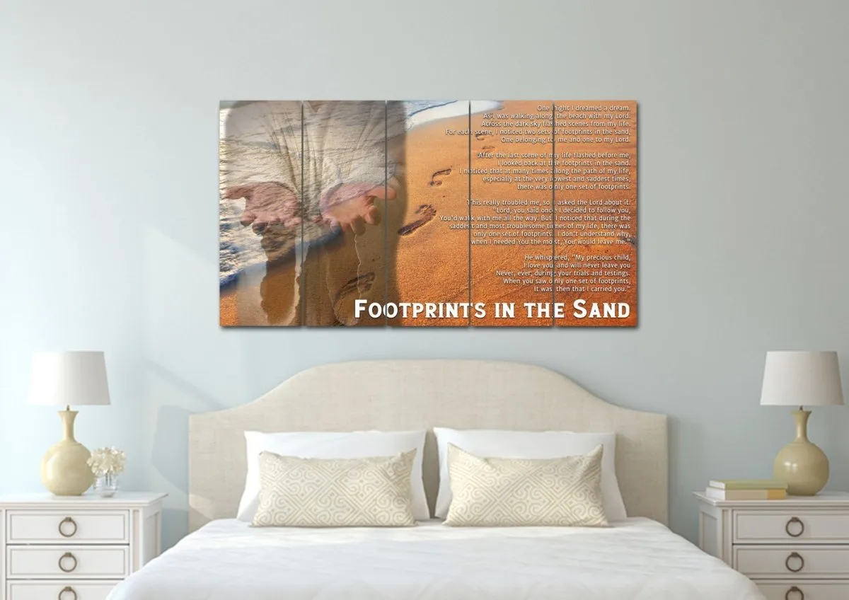 Jesus's Hands Footprints In The Sand Wall Art & Decor - Christian Canvas Wall Art