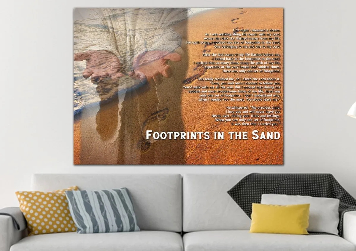 Jesus's Hands Footprints In The Sand Wall Art & Decor - Christian Canvas Wall Art