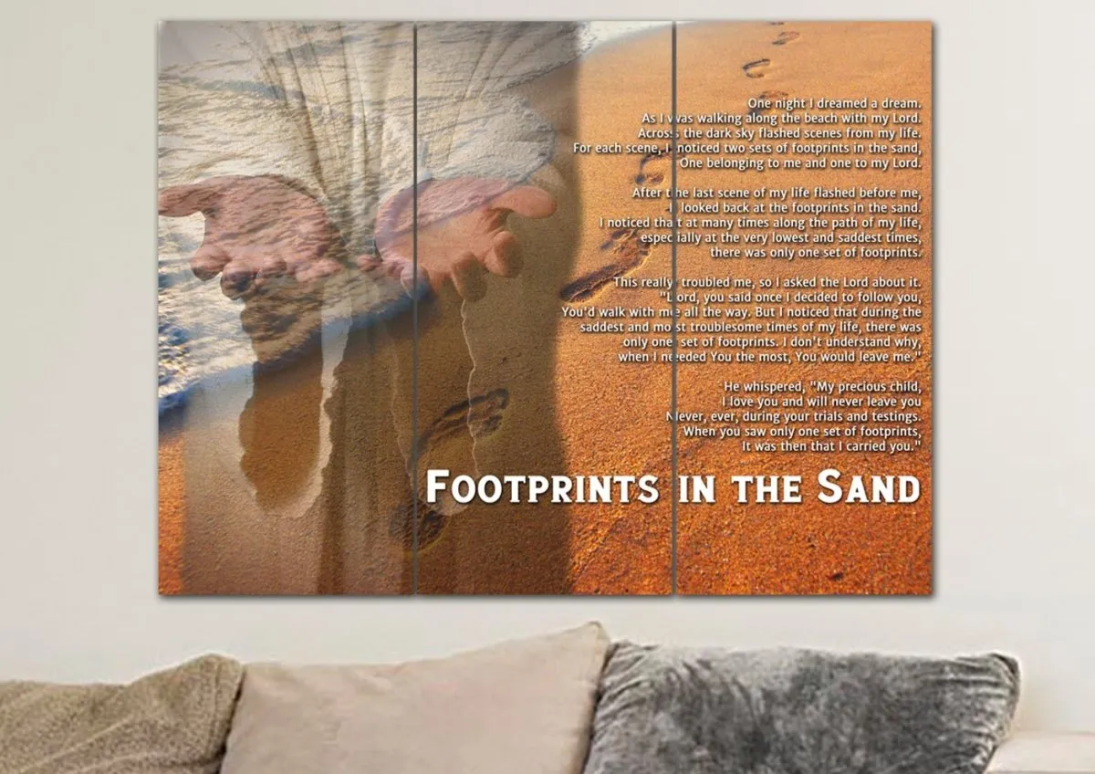 Jesus's Hands Footprints In The Sand Wall Art & Decor - Christian Canvas Wall Art