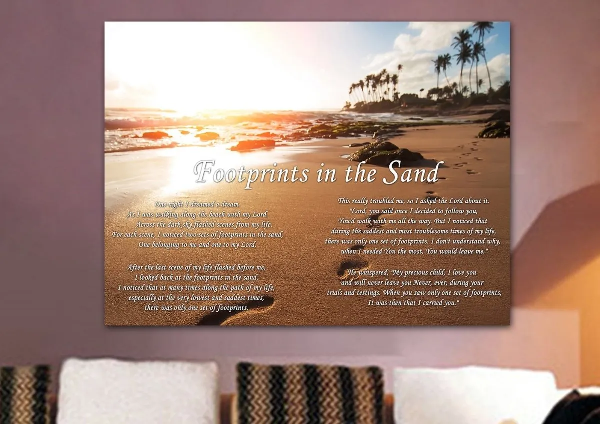 Sunset Footprints In The Sand Wall Art & Decor - Christian Canvas Wall Art