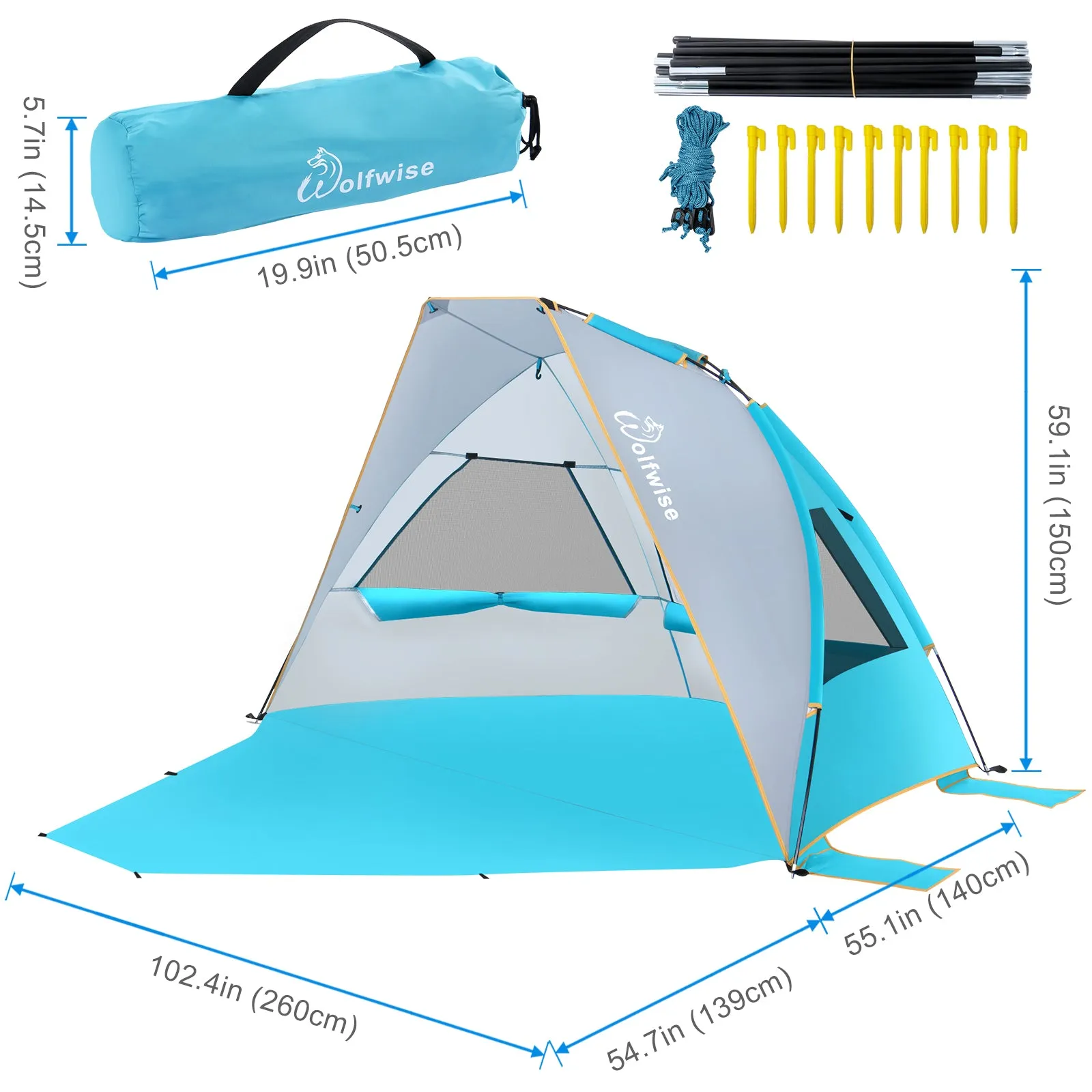 WolfWise SunlitSky A20 Portable Beach Tent, Blue, for 4-5 Person